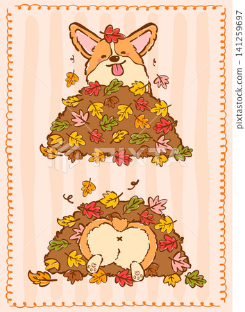 Corgi Autumn Fall Cute Dog Cartoon Hand Drawn Character, peeking from leaves pile Corgi Autumn Fall Cute Dog Cartoon Hand Drawn Character, peeking from leaves pile 141259697
