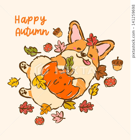 Corgi Autumn Fall with Pumpkin Cute Dog Cartoon Hand Drawn Character Playful Derpy Funny Whimsical Welsh Corgi Seasonal Pet Illustration Corgi Autumn Fall with Pumpkin Cute Dog Cartoon Hand Drawn Character Playful Derpy Funny Whimsical Welsh Corgi Seasonal Pet Illustration 141259698