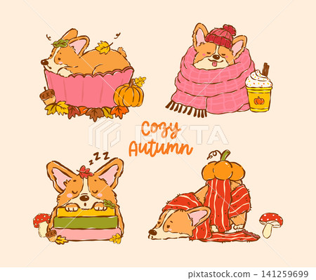 Cozy Corgi Autumn Fall Cute Dog Cartoon Hand Drawn Character Set, Playful Derpy Funny Whimsical Welsh Corgi Seasonal Pet Illustration Cozy Corgi Autumn Fall Cute Dog Cartoon Hand Drawn Character Set, Playful Derpy Funny Whimsical Welsh Corgi Seasonal Pet Illustration 141259699