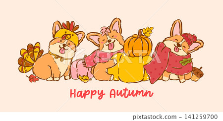 Cozy Happy Corgi Autumn Fall Cute Dog Cartoon Hand Drawn Character Set, Playful Derpy Whimsical Welsh Corgi Seasonal Pet Illustration 141259700