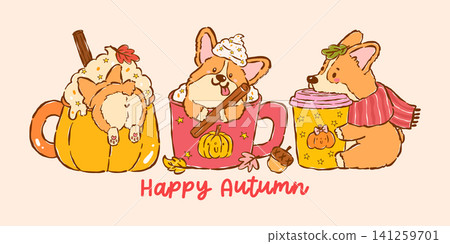 Cozy Happy Corgi Autumn Fall Drink Cute Dog Cartoon Hand Drawn Character Set, Playful Derpy Whimsical Welsh Corgi Seasonal Pet Illustration Cozy Happy Corgi Autumn Fall Drink Cute Dog Cartoon Hand Drawn Character Set, Playful Derpy Whimsical Welsh Corgi Seasonal Pet Illustration 141259701