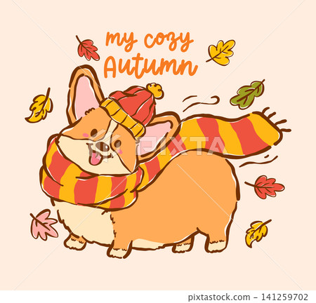 Cozy Happy Corgi Autumn Fall in Scarf, Cute Dog Cartoon Hand Drawn Character Cozy Happy Corgi Autumn Fall in Scarf, Cute Dog Cartoon Hand Drawn Character 141259702