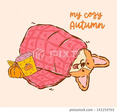 Cozy Happy Corgi Autumn Fall rolled in blanket Cute Dog Cartoon Hand Drawn Character, Playful Derpy Whimsical Welsh Corgi Seasonal Pet Illustration Cozy Happy Corgi Autumn Fall rolled in blanket Cute Dog Cartoon Hand Drawn Character, Playful Derpy Whimsical Welsh Corgi Seasonal Pet Illustration 141259703