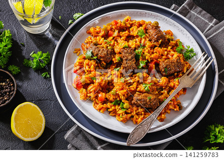 Spiced Middle Eastern Rice Bowl with Beef Sausages Spiced Middle Eastern Rice Bowl with Beef Sausages 141259783