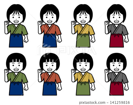 [不同顏色] 一位身穿日本傳統工作服和圍裙的女性圖標，上面寫著“我會盡我所能”。 141259816