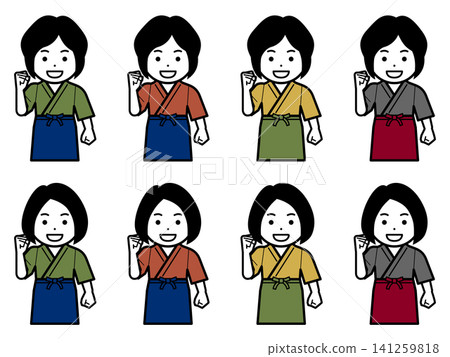 [不同的髮型] [不同的顏色] 一位身穿三衣（日本傳統工作服）和圍裙的女性圖標，上面寫著“我會盡我所能”。 141259818