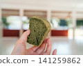 A hand holding a chiffon cake 141259862