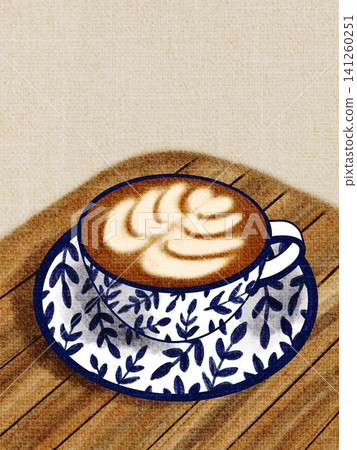 Hot cafe latte on a wooden table. Copy space available. Watercolor/crayon style. Hot cafe latte on a wooden table. Copy space available. Watercolor/crayon style. 141260251