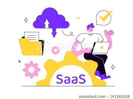 SaaS Vector Illustration Featuring Cloud Computing, Software as a Service, Cloud Storage, Web Development, Data Management, and Digital Technology SaaS Vector Illustration Featuring Cloud Computing, Software as a Service, Cloud Storage, Web Development, Data Management, and Digital Technology 141260268