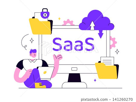 SaaS Vector Illustration Featuring Cloud Computing, Software as a Service, Cloud Storage, Web Development, Data Management, and Digital Technology SaaS Vector Illustration Featuring Cloud Computing, Software as a Service, Cloud Storage, Web Development, Data Management, and Digital Technology 141260270