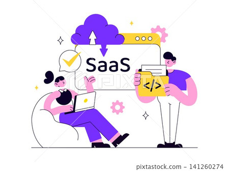 SaaS Vector Illustration Featuring Cloud Computing, Software as a Service, Cloud Storage, Web Development, Data Management, and Digital Technology SaaS Vector Illustration Featuring Cloud Computing, Software as a Service, Cloud Storage, Web Development, Data Management, and Digital Technology 141260274