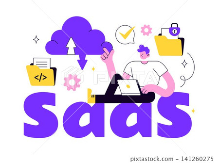 SaaS Vector Illustration Featuring Cloud Computing, Software as a Service, Cloud Storage, Web Development, Data Management, and Digital Technology 141260275