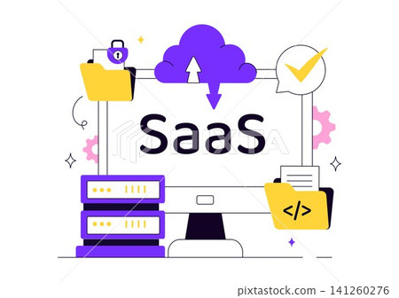 SaaS Vector Illustration Featuring Cloud Computing, Software as a Service, Cloud Storage, Web Development, Data Management, and Digital Technology 141260276