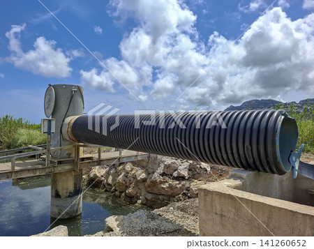 A large black plastic pipe is installed over a canal in Pego Oliva Marsh, Spain. This pipe is part of an irrigation system for growing Bomba rice. A large black plastic pipe is installed over a canal in Pego Oliva Marsh, Spain. This pipe is part of an irrigation system for growing Bomba rice. 141260652