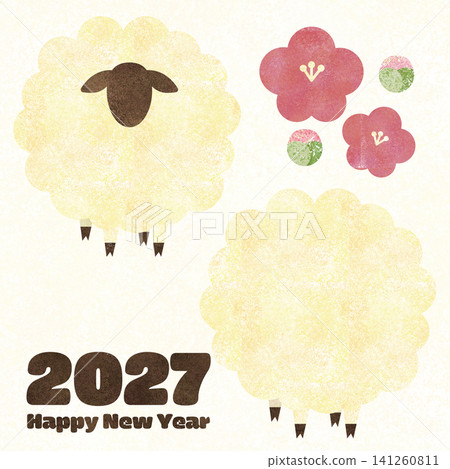 2027 New Year's greeting card material: Year of the Sheep, Plum blossom, 1:1 scale 2027 New Year's greeting card material: Year of the Sheep, Plum blossom, 1:1 scale 141260811