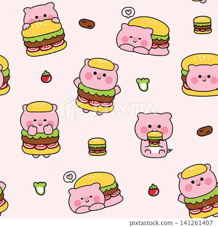 Seamless pattern of cute pig in hamburger costume various poses and feeling background.Fastfood.Eating.Farm animal character cartoon.Tomato,vegetable,meat.Kawaii.Vector.Illustration. Seamless pattern of cute pig in hamburger costume various poses and feeling background.Fastfood.Eating.Farm animal character cartoon.Tomato,vegetable,meat.Kawaii.Vector.Illustration. 141261407