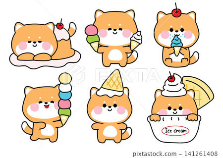 Set of cute shiba inu dog with cherry ice cream cone various poses and feeling.Japanese pet animal character cartoon.Dessert.Sweet.Kawaii.Vector.Illustration. Set of cute shiba inu dog with cherry ice cream cone various poses and feeling.Japanese pet animal character cartoon.Dessert.Sweet.Kawaii.Vector.Illustration. 141261408