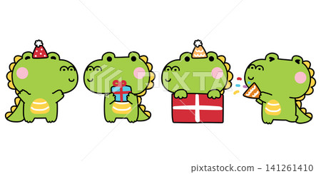 Set of cute crocodiles in various poses and feeling celebrated party.Birthday gift.Reptile animal character cartoon design.Kawaii.Vector.Illustration. 141261410