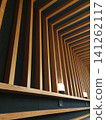 Wooden Slat Ceiling Interior With Repeating Lamps, Modern Architectural Pattern and Warm Lighting 141262117