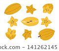 Starfruit collection including whole carambola, sliced star shaped pieces, longitudinal and transverse sections of carambola 141262145