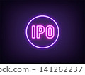 Outline neon IPO icon, violet magenta. Neon round tag for Initial public offering. New public company on stock market, attract funding with IPO, investments in business, shares trade launch. Vector 141262237