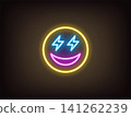 Outline neon pleasure emoji, yellow blue magenta. Neon emoji with lightning eyes and smile. Excitement emoticon, anticipation feeling, enthusiasm face, surprise, flash eyes, positive mood. Vector 141262239