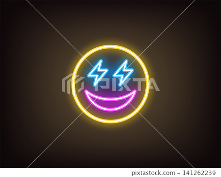 Outline neon pleasure emoji, yellow blue magenta. Neon emoji with lightning eyes and smile. Excitement emoticon, anticipation feeling, enthusiasm face, surprise, flash eyes, positive mood. Vector Outline neon pleasure emoji, yellow blue magenta. Neon emoji with lightning eyes and smile. Excitement emoticon, anticipation feeling, enthusiasm face, surprise, flash eyes, positive mood. Vector 141262239