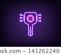 Outline neon digital key icon, violet magenta. Neon digital key with chip for secure access and system login. Cybersecurity, network data encryption, smart key protection, private control. Vector 141262240