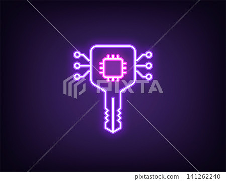 Outline neon digital key icon, violet magenta. Neon digital key with chip for secure access and system login. Cybersecurity, network data encryption, smart key protection, private control. Vector Outline neon digital key icon, violet magenta. Neon digital key with chip for secure access and system login. Cybersecurity, network data encryption, smart key protection, private control. Vector 141262240
