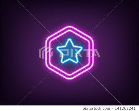 Outline neon star token icon, magenta blue. Neon crypto token with star icon. Crypto coin prize, win virtual money, game reward, cryptocurrency earn, award, digital token and altcoin. Vector Outline neon star token icon, magenta blue. Neon crypto token with star icon. Crypto coin prize, win virtual money, game reward, cryptocurrency earn, award, digital token and altcoin. Vector 141262241