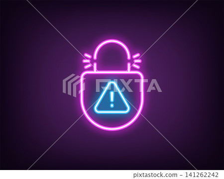 Outline neon lock picking icon, magenta blue. Neon broken lock with danger warning, destroyed digital protection. Security hacking, cyber attack guard, hacked protection of private data. Vector Outline neon lock picking icon, magenta blue. Neon broken lock with danger warning, destroyed digital protection. Security hacking, cyber attack guard, hacked protection of private data. Vector 141262242
