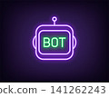 Outline neon chat bot, violet green icon. Neon robot face with Bot text. Virtual assistant, smart bot with AI algorithms, chatbot technology for business tasks, mobile digital helper. Vector 141262243