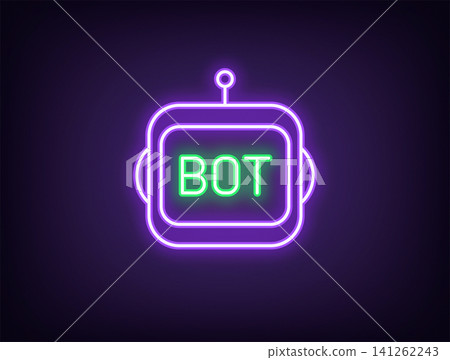 Outline neon chat bot, violet green icon. Neon robot face with Bot text. Virtual assistant, smart bot with AI algorithms, chatbot technology for business tasks, mobile digital helper. Vector 141262243
