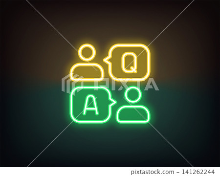 Outline neon QA icon, yellow green. Neon Questions and Answers, users with speech bubble in business chat. Customer support chat, advice forum, expert help group, live client assistance. Vector Outline neon QA icon, yellow green. Neon Questions and Answers, users with speech bubble in business chat. Customer support chat, advice forum, expert help group, live client assistance. Vector 141262244