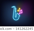 Outline neon jazz music, blue magenta yellow. Neon saxophone with musical notes. Jazz retro party, live classical music, musical festival and jazz show, golden sax melody play, music concert. Vector 141262245