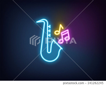 Outline neon jazz music, blue magenta yellow. Neon saxophone with musical notes. Jazz retro party, live classical music, musical festival and jazz show, golden sax melody play, music concert. Vector Outline neon jazz music, blue magenta yellow. Neon saxophone with musical notes. Jazz retro party, live classical music, musical festival and jazz show, golden sax melody play, music concert. Vector 141262245