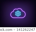 Outline neon cloud settings, violet blue. Neon cloud storage with gear sign, datacenter maintenance. Customize cloud space, data backup and security settings update, network control. Vector 141262247