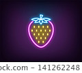 Outline neon strawberry icon, magenta blue. Neon strawberry fruit with leafs, outline silhouette. Ripe berry fruit, strawberry garden, organic food, fruit diet, summer vitamins, health food. Vector 141262248
