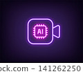 Outline neon AI camera icon, violet magenta. Neon AI video processing algorithms. Neural network for generating movie and music clip, artificial intelligence for video content creation. Vector 141262250