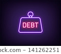 Outline neon debt load icon, violet pink. Neon debt loan burden, bank credit and mortgage. Financial difficulties, debt weight, credit obligations, money shortage, arrears, default threat. Vector 141262251
