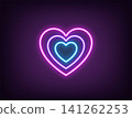 Outline neon target heart, magenta violet blue. Neon heart sign with concentric outline shape. Love target, concentric heart line, romantic dating, valentine day, love center and passion. Vector 141262253