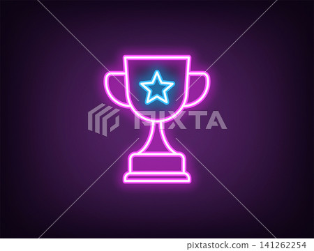 Outline neon award goblet, magenta blue. Neon reward cup icon with star. Award super cup, sport trophy and top achievement, game prize, sport victory, champion reward, winner triumph. Vector 141262254