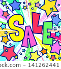 A lively background with "SALE" text and converging lines. A pop-art sale banner with colorful stars popping out. Square format. 141262441