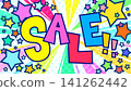 A lively background with "SALE" text and converging lines. A pop-art sale banner with colorful stars popping out. 16:9 aspect ratio. 141262442