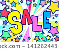 A lively background with "SALE" text and converging lines. A pop-art sale banner with colorful stars popping out. 4:3 aspect ratio. 141262443