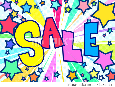 A lively background with "SALE" text and converging lines. A pop-art sale banner with colorful stars popping out. 4:3 aspect ratio. A lively background with "SALE" text and converging lines. A pop-art sale banner with colorful stars popping out. 4:3 aspect ratio. 141262443