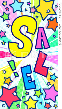 A lively background with focus lines and the word "SALE." A pop-art sale banner with colorful stars popping out. Vertical smartphone design. A lively background with focus lines and the word "SALE." A pop-art sale banner with colorful stars popping out. Vertical smartphone design. 141262444