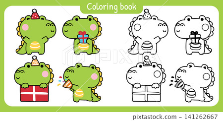 Coloring book.Set of cute crocodiles in various poses and feeling celebrated party.Birthday 141262667