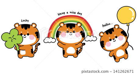 Set of cute tiger in various poses with text.Clover leaf.Balloon.Rainbow Set of cute tiger in various poses with text.Clover leaf.Balloon.Rainbow 141262671