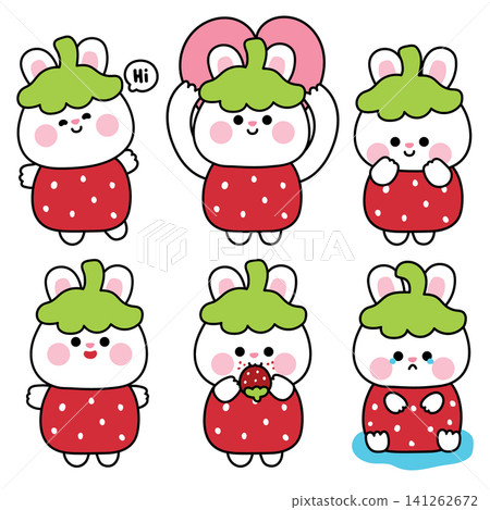 Set of cute rabbit in strawberry costume various poses and feeling. 141262672